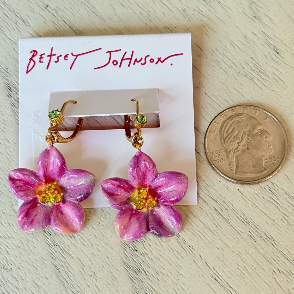 New Betsey Johnson Pink Floral Drop Earrings - Picture 8 of 8
